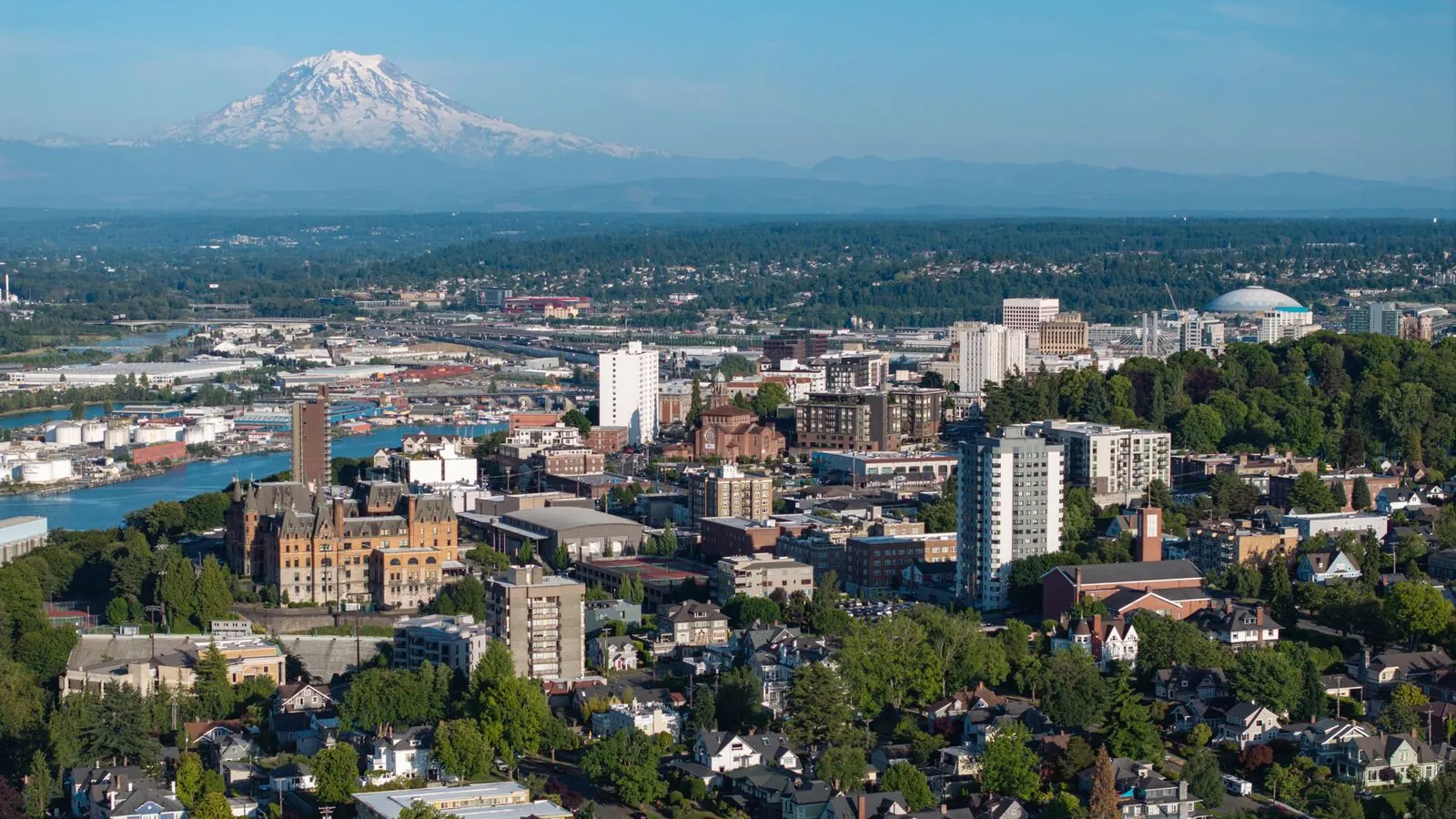 Tacoma, Washington skyline and waterfront aerial view