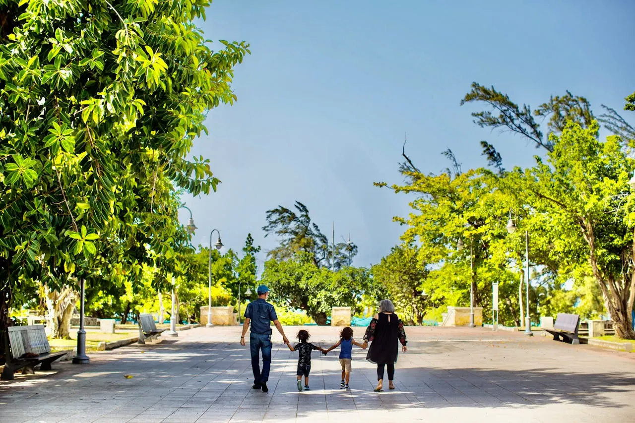 Family walking hand-in-hand through a sunny park, representing the families we guide through court logistics